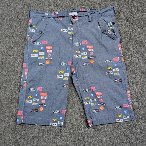 Born Fly Y2K Racing Patch Shorts 38 Blue Cotton Streetwear Hip Hop Moto Baggy — photo 2